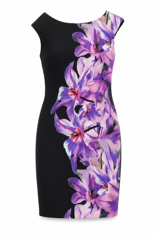 Front view of Roman women’s black floral polyester bodycon, size UK 12, boat neck zip