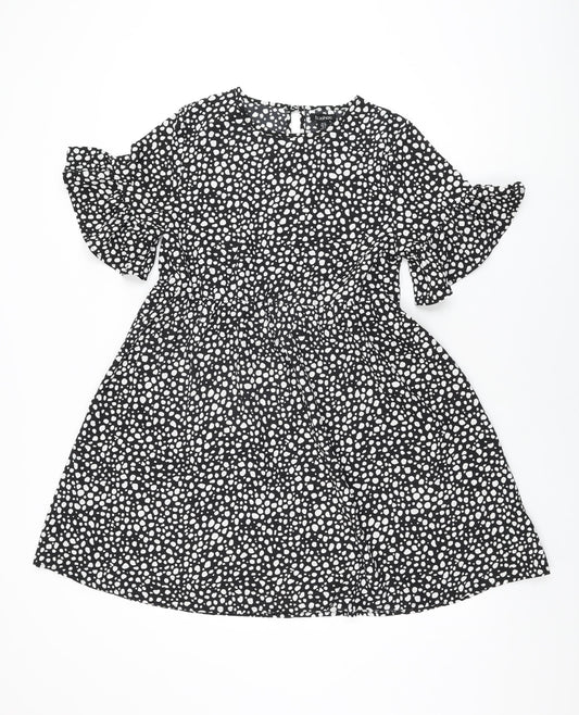 Boohoo Womens Black Geometric Polyester Shift Size 10 Round Neck Button