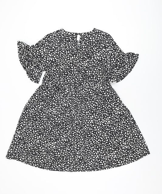 Boohoo Womens Black Geometric Polyester Shift Size 10 Round Neck Button