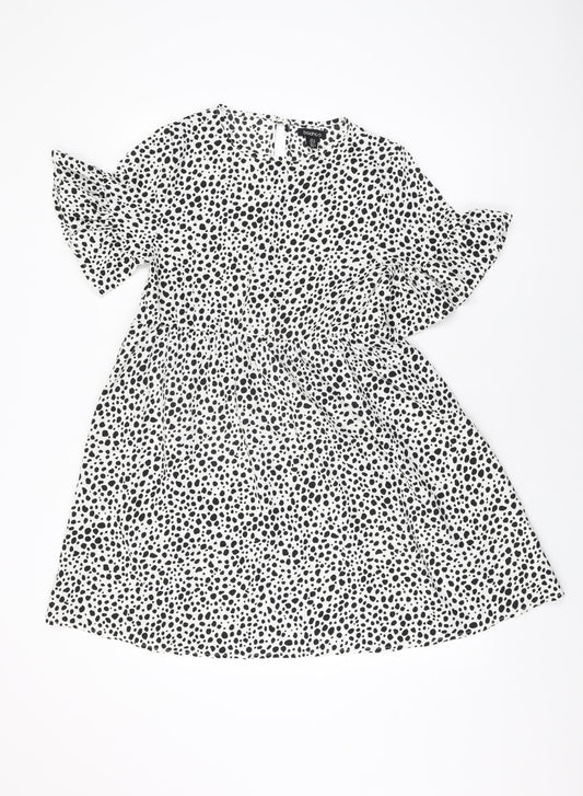 Boohoo Womens White Geometric Polyester Shift Size 10 Round Neck Button