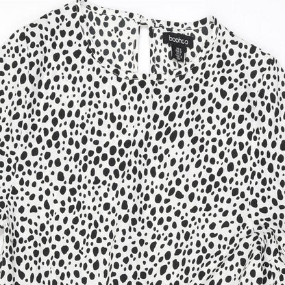 Boohoo Womens White Geometric Polyester Shift Size 10 Round Neck Button