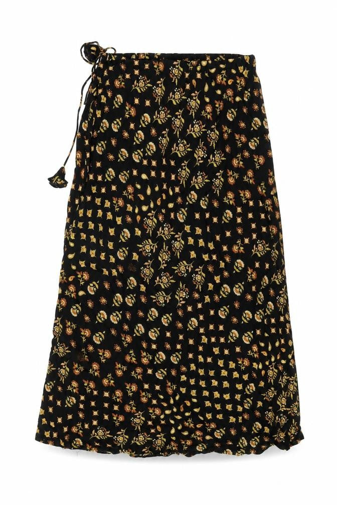 Front view of AND/OR women’s black floral viscose swing skirt, size UK 8, drawstring