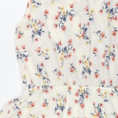 Monteau Womens Ivory Floral Polyester Fit & Flare Size L V-Neck Pullover