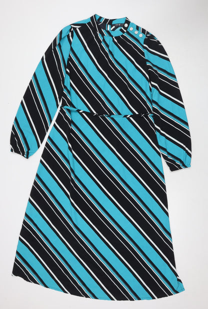 Marks and Spencer Womens Blue Striped Polyester Maxi Size 8 Round Neck Button