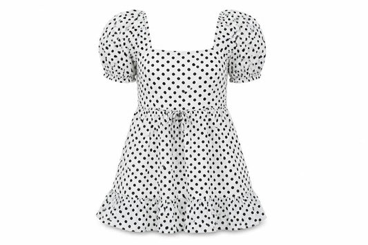 Front view of Miss Selfridge women’s white polka dot cotton a-line, size UK 10, square neck pullover