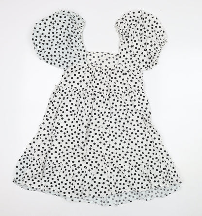 Miss Selfridge Womens White Polka Dot Cotton A-Line Size 10 Square Neck Pullover