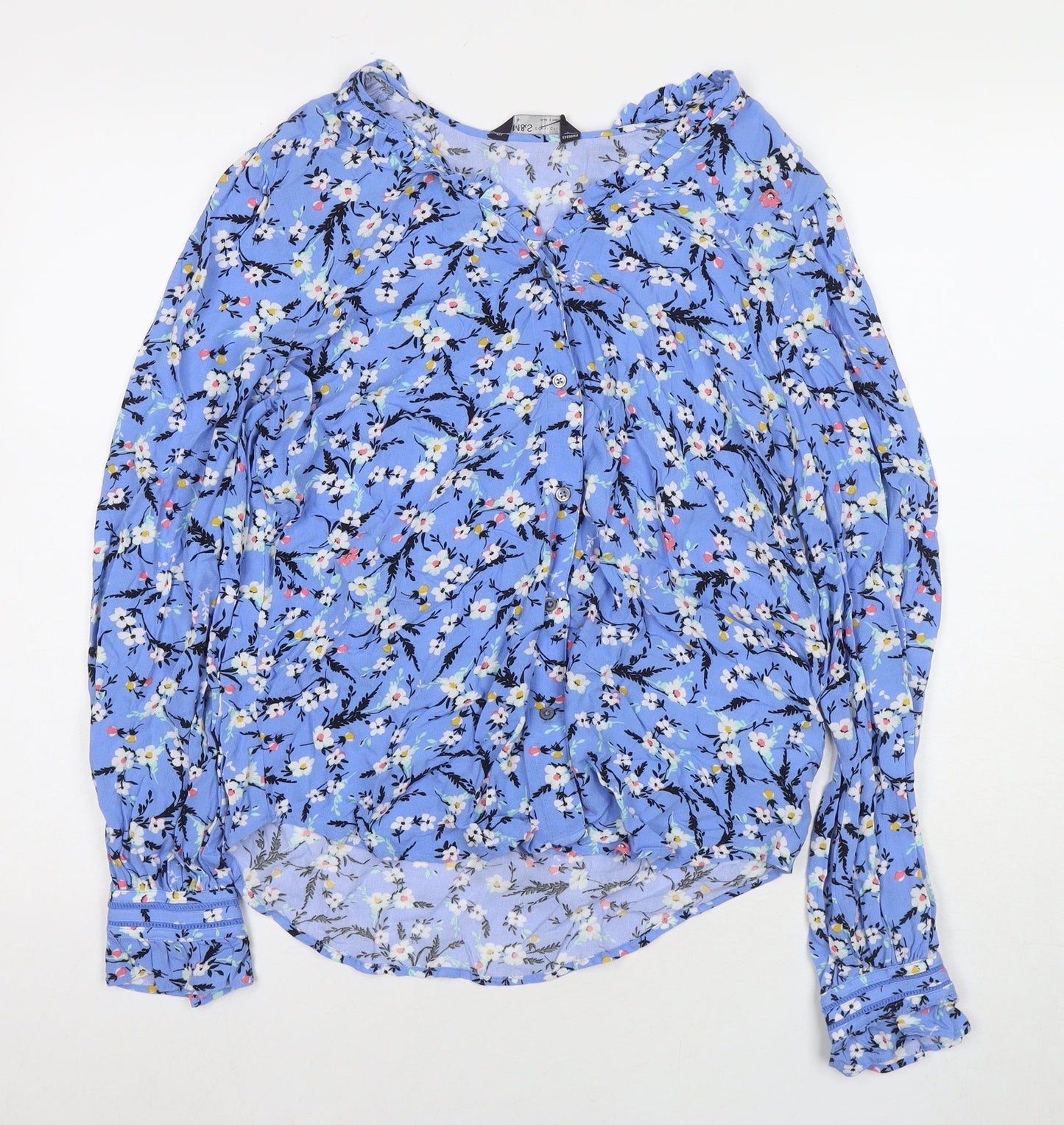 Marks and Spencer Womens Blue Floral Viscose Basic Blouse Size 10 Round Neck