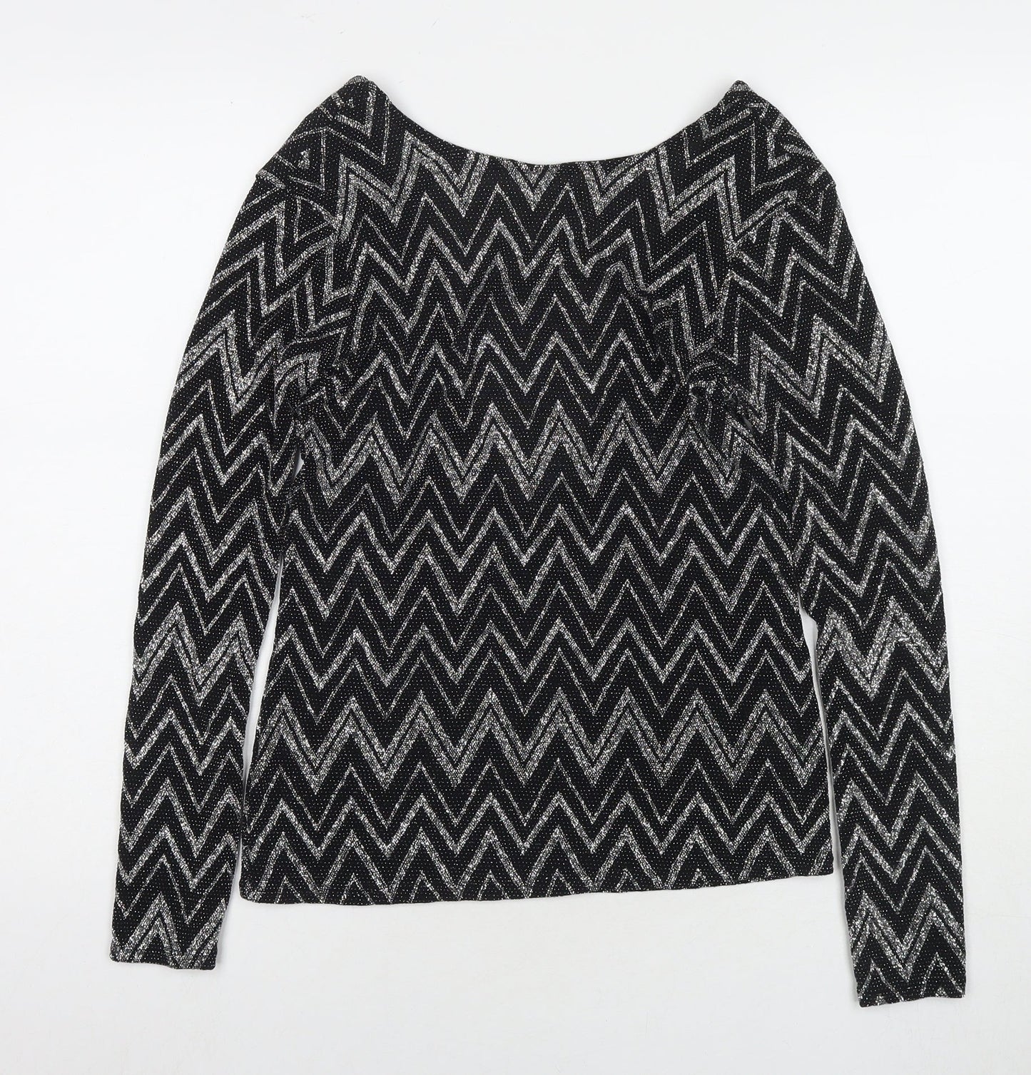 Boohoo Womens Black Geometric Polyester Basic Blouse Size 6 Round Neck