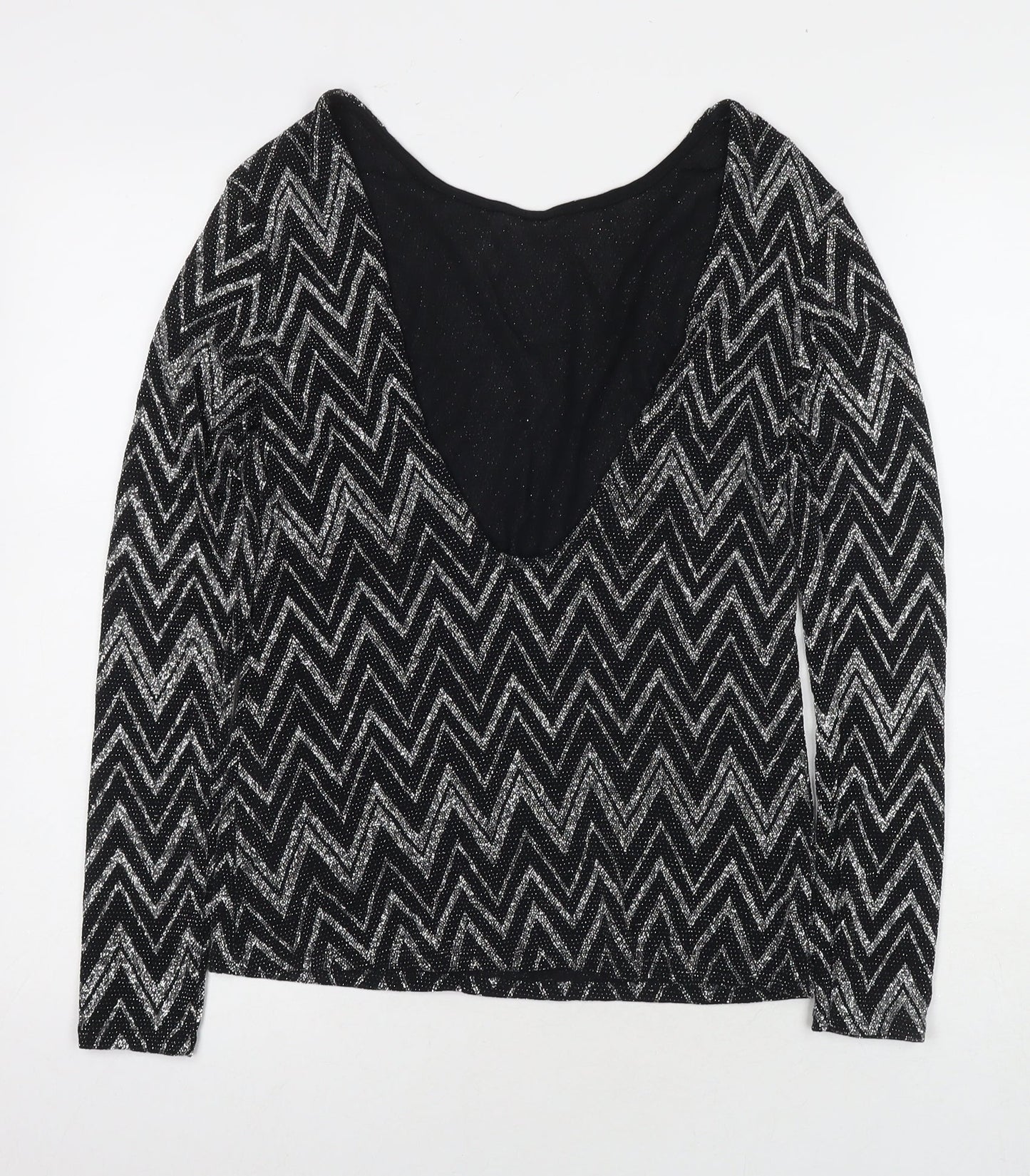 Boohoo Womens Black Geometric Polyester Basic Blouse Size 6 Round Neck