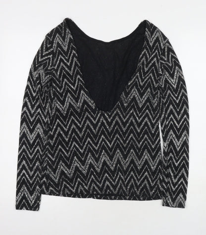 Boohoo Womens Black Geometric Polyester Basic Blouse Size 6 Round Neck
