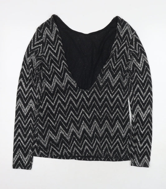 Boohoo Womens Black Geometric Polyester Basic Blouse Size 6 Round Neck