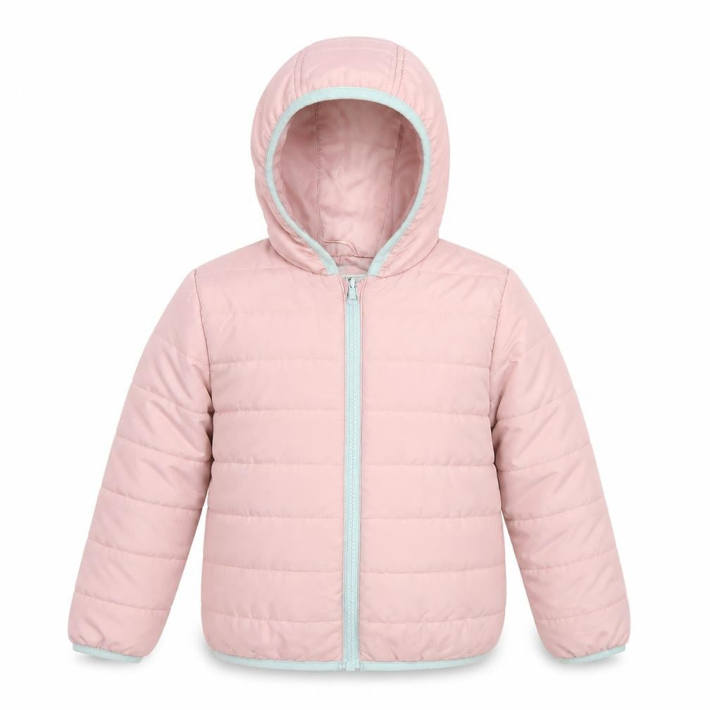 Front view of Marks & Spencer girls’ pink puffer jacket jacket, size 6-7, years zip
