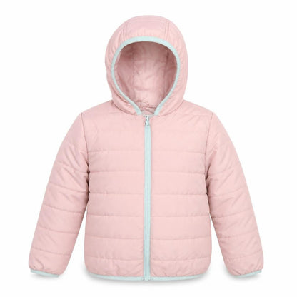 Front view of Marks & Spencer girls’ pink puffer jacket jacket, size 6-7, years zip