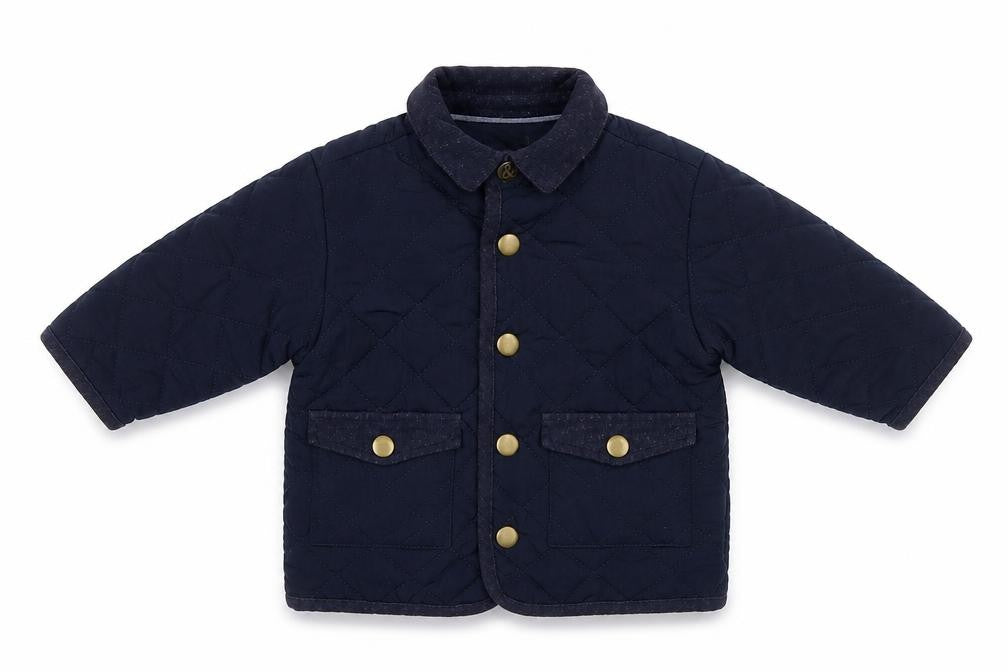 Front view of mamas & papas boys’ blue quilted jacket, size 6-9, months snap