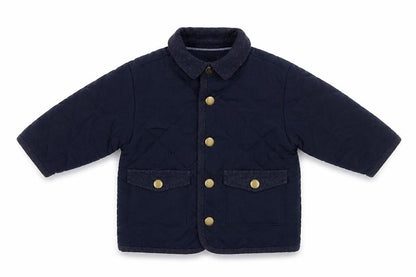 Front view of mamas & papas boys’ blue quilted jacket, size 6-9, months snap