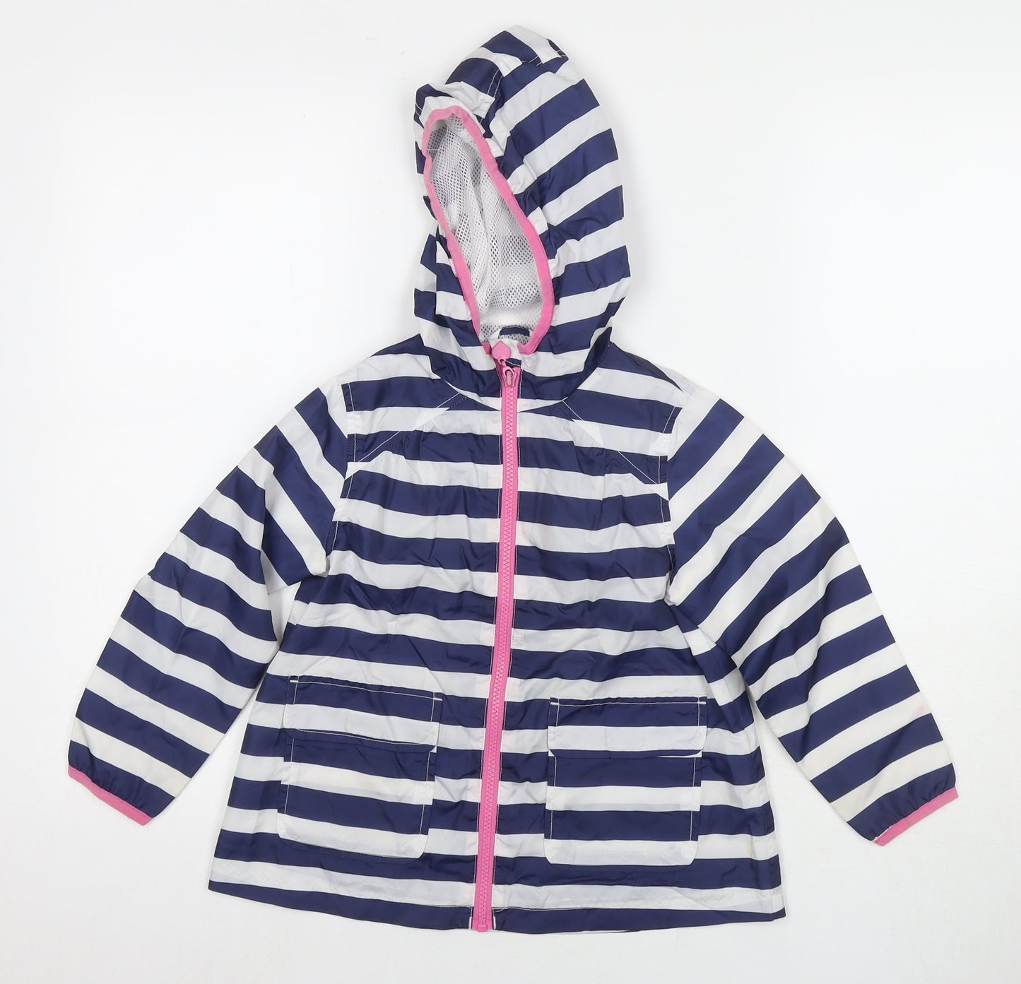 Marks and Spencer Girls Blue Striped Rain Coat Jacket Size 4-5 Years Zip