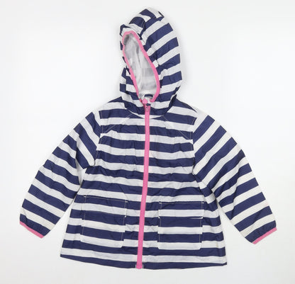 Marks and Spencer Girls Blue Striped Rain Coat Jacket Size 4-5 Years Zip