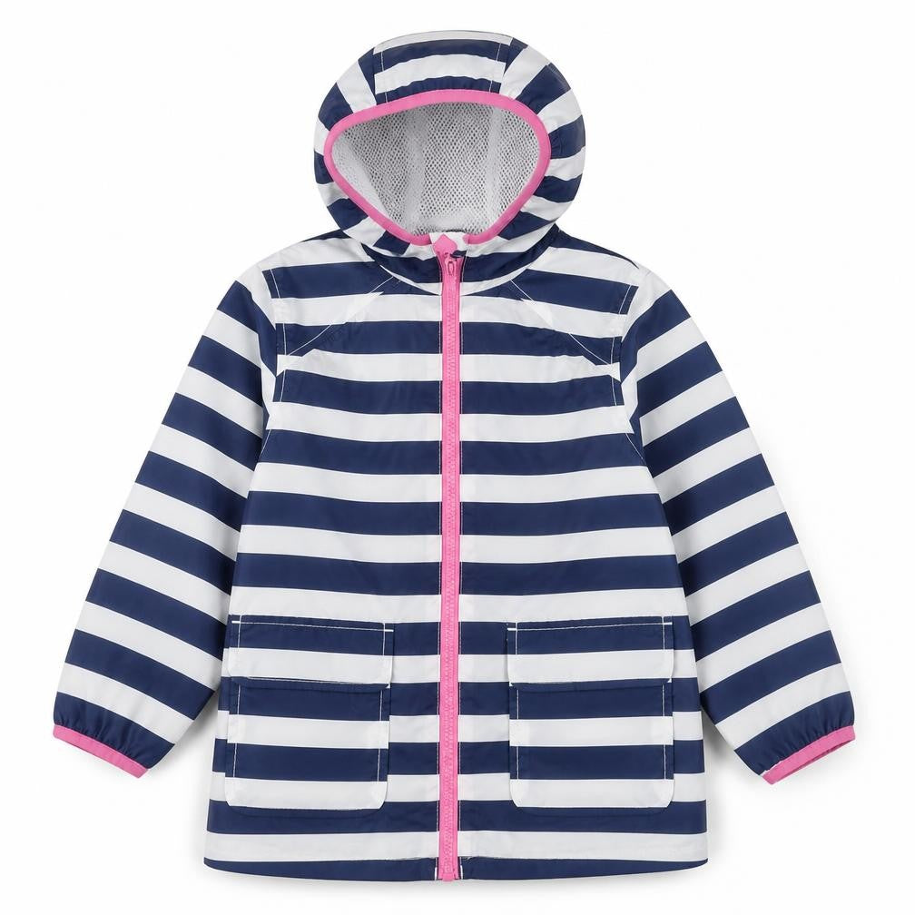 Front view of Marks & Spencer girls’ blue striped rain coat jacket, size 4-5, years zip
