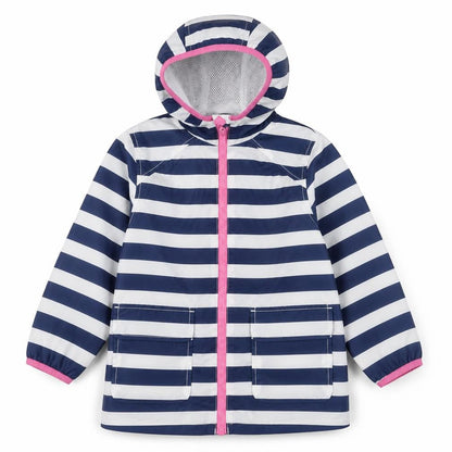 Front view of Marks & Spencer girls’ blue striped rain coat jacket, size 4-5, years zip