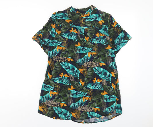 EWM Womens Blue Geometric Viscose Basic T-Shirt Size 10 V-Neck