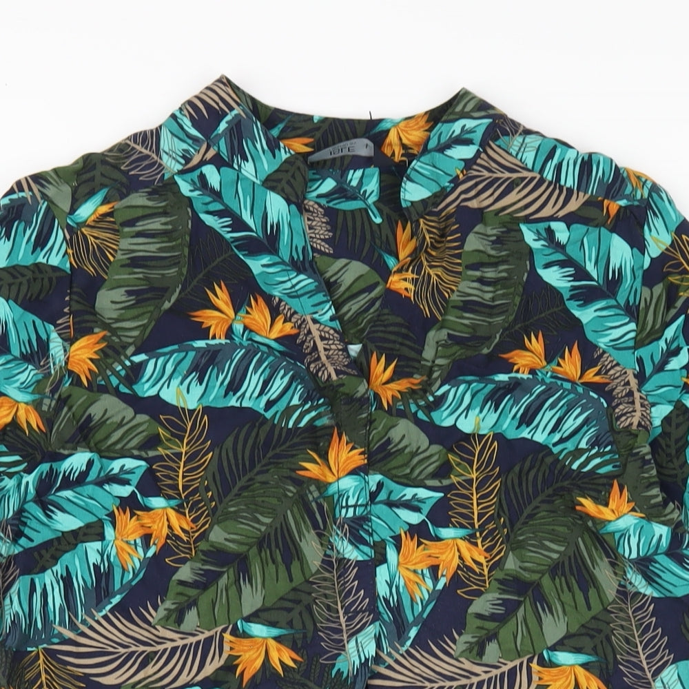 EWM Womens Blue Geometric Viscose Basic T-Shirt Size 10 V-Neck