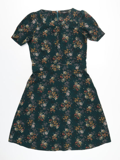 NEXT Womens Green Floral Polyester A-Line Size 8 Round Neck Zip