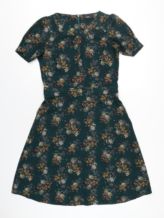 NEXT Womens Green Floral Polyester A-Line Size 8 Round Neck Zip
