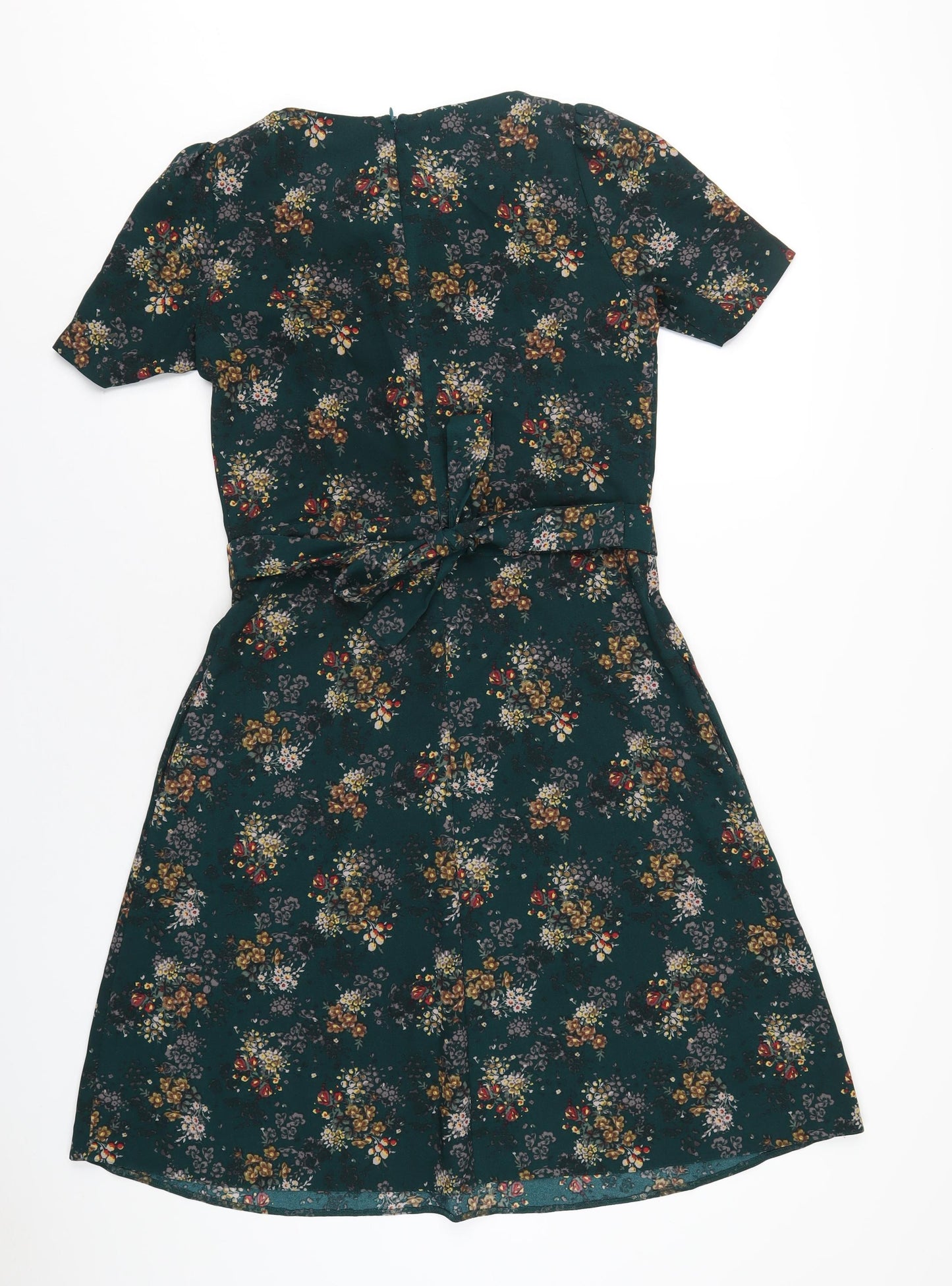 NEXT Womens Green Floral Polyester A-Line Size 8 Round Neck Zip