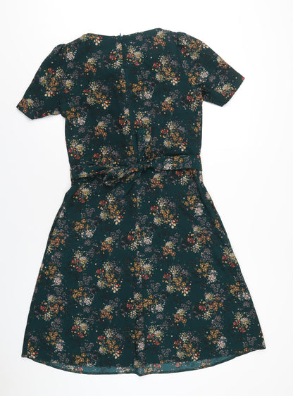 NEXT Womens Green Floral Polyester A-Line Size 8 Round Neck Zip