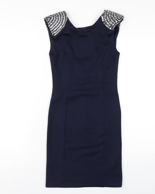 Miss Selfridge Womens Blue Polyester Bodycon Size 8 Round Neck Zip