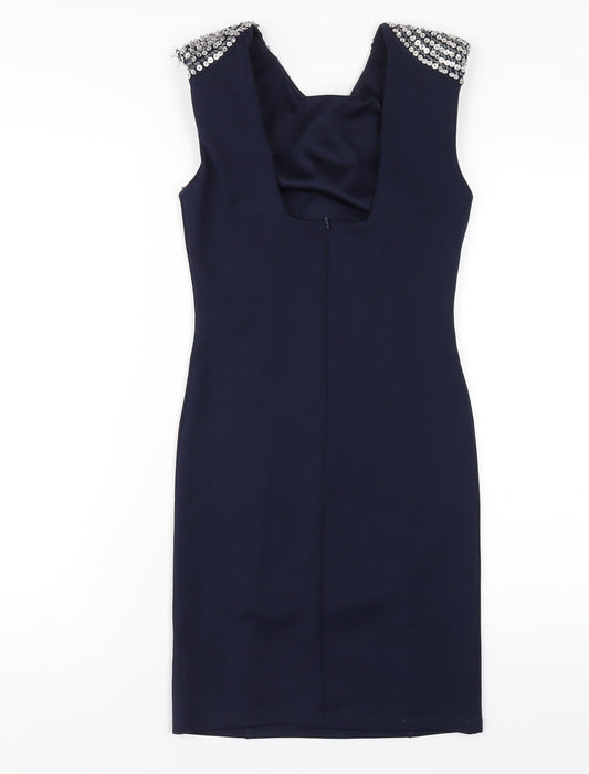 Miss Selfridge Womens Blue Polyester Bodycon Size 8 Round Neck Zip