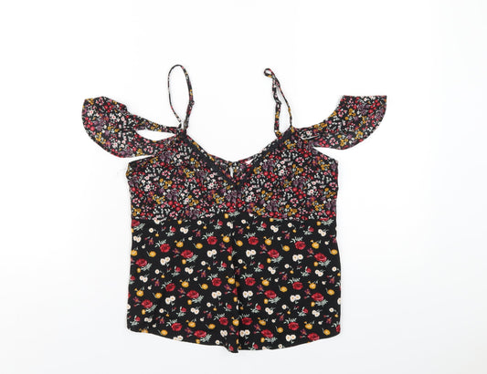 Miss Selfridge Womens Black Floral Polyester Camisole T-Shirt Size 8 V-Neck