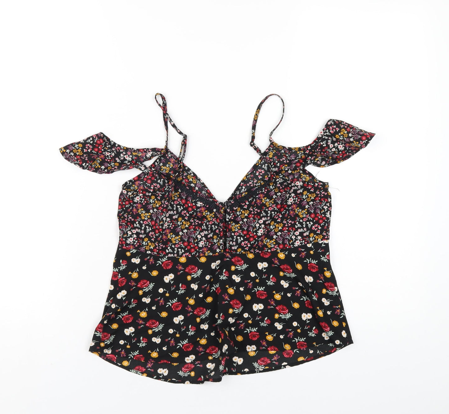 Miss Selfridge Womens Black Floral Polyester Camisole T-Shirt Size 8 V-Neck