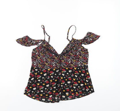 Miss Selfridge Womens Black Floral Polyester Camisole T-Shirt Size 8 V-Neck