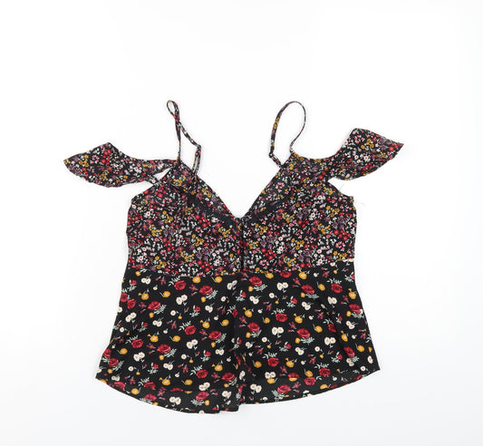Miss Selfridge Womens Black Floral Polyester Camisole T-Shirt Size 8 V-Neck