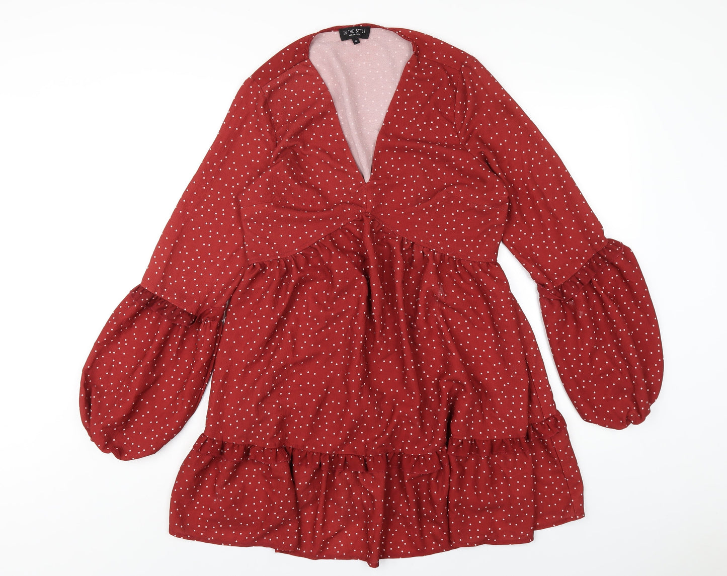 In the Style Womens Red Polka Dot Polyester A-Line Size 10 V-Neck Pullover