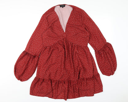 In the Style Womens Red Polka Dot Polyester A-Line Size 10 V-Neck Pullover