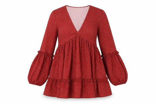 Front view of In the Style women’s red polka dot polyester a-line, size UK 10, v-neck pullover