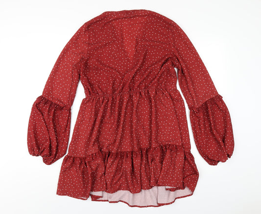 In the Style Womens Red Polka Dot Polyester A-Line Size 10 V-Neck Pullover