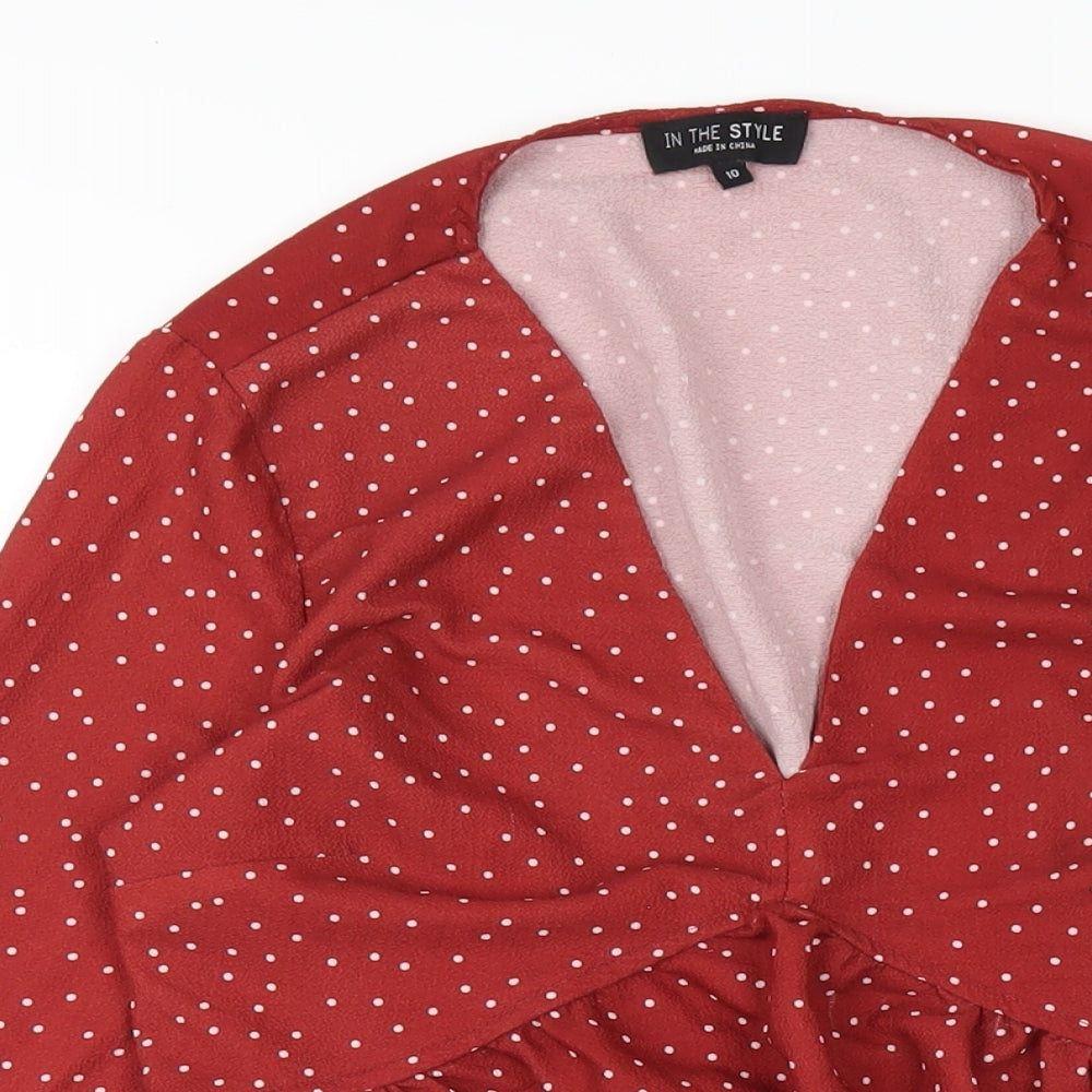 In the Style Womens Red Polka Dot Polyester A-Line Size 10 V-Neck Pullover