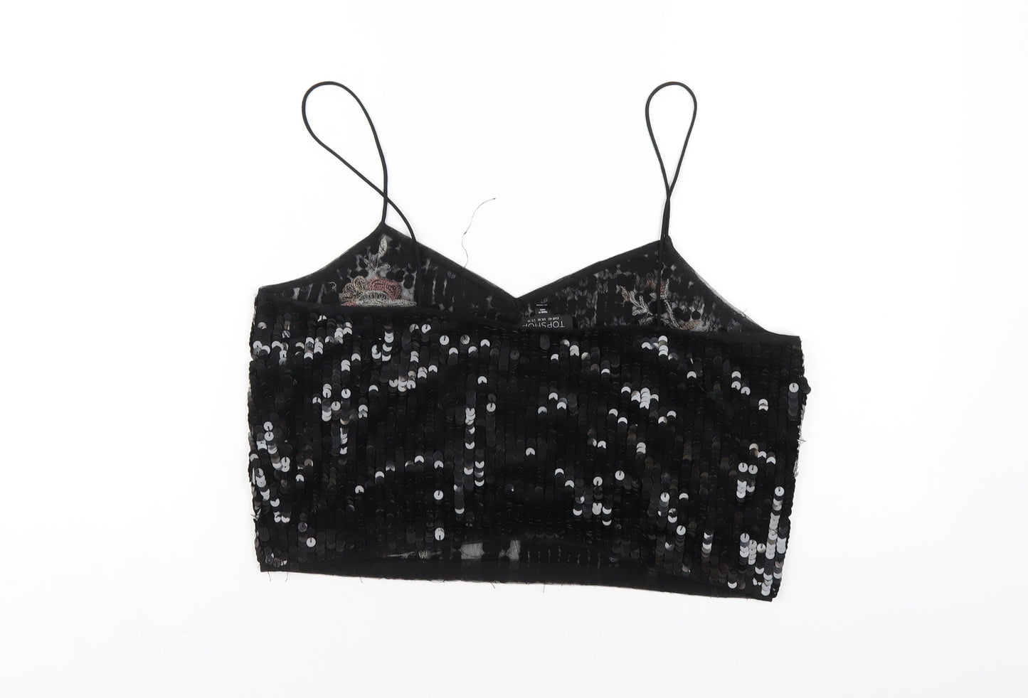 Topshop Womens Black Polyester Cropped T-Shirt Size 14 V-Neck