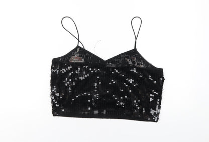 Topshop Womens Black Polyester Cropped T-Shirt Size 14 V-Neck