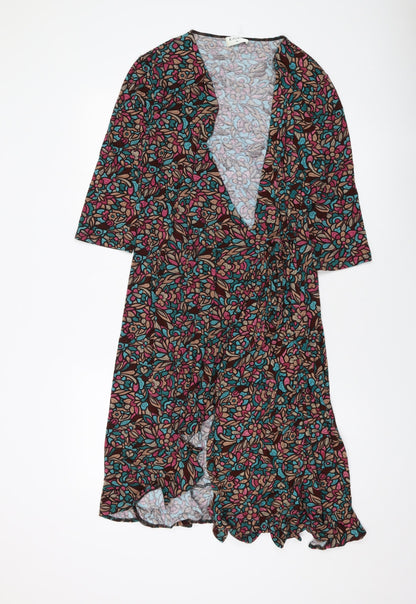 Kaliko Womens Multicoloured Geometric Viscose Wrap Dress Size 16 V-Neck Tie
