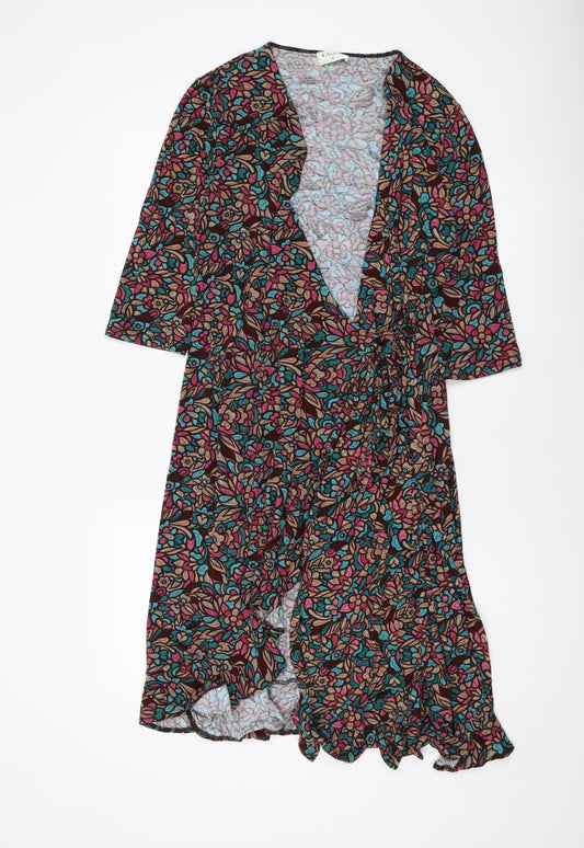 Kaliko Womens Multicoloured Geometric Viscose Wrap Dress Size 16 V-Neck Tie