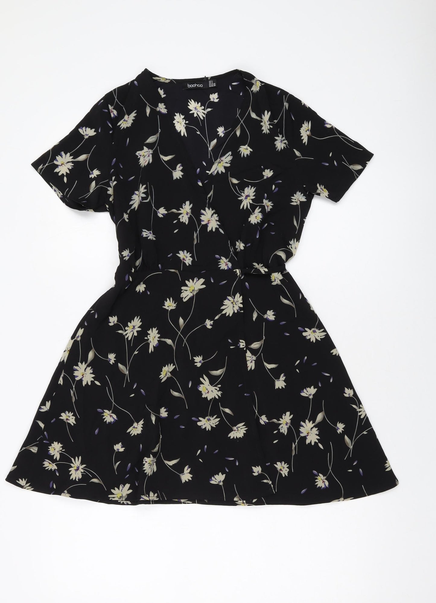 Boohoo Womens Black Polyester Wrap Dress Size 4 V-Neck Tie