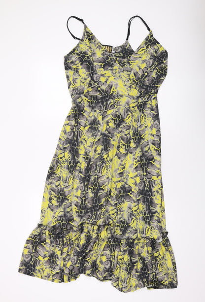 Libby Loves Womens Yellow Geometric Polyester Wrap Dress Size 10 V-Neck Tie