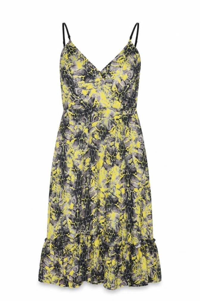 Libby Loves Womens Yellow Geometric Polyester Wrap Dress Size 10 V-Neck Tie