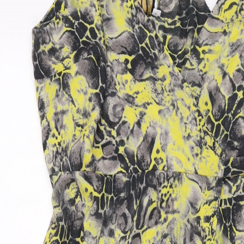 Libby Loves Womens Yellow Geometric Polyester Wrap Dress Size 10 V-Neck Tie
