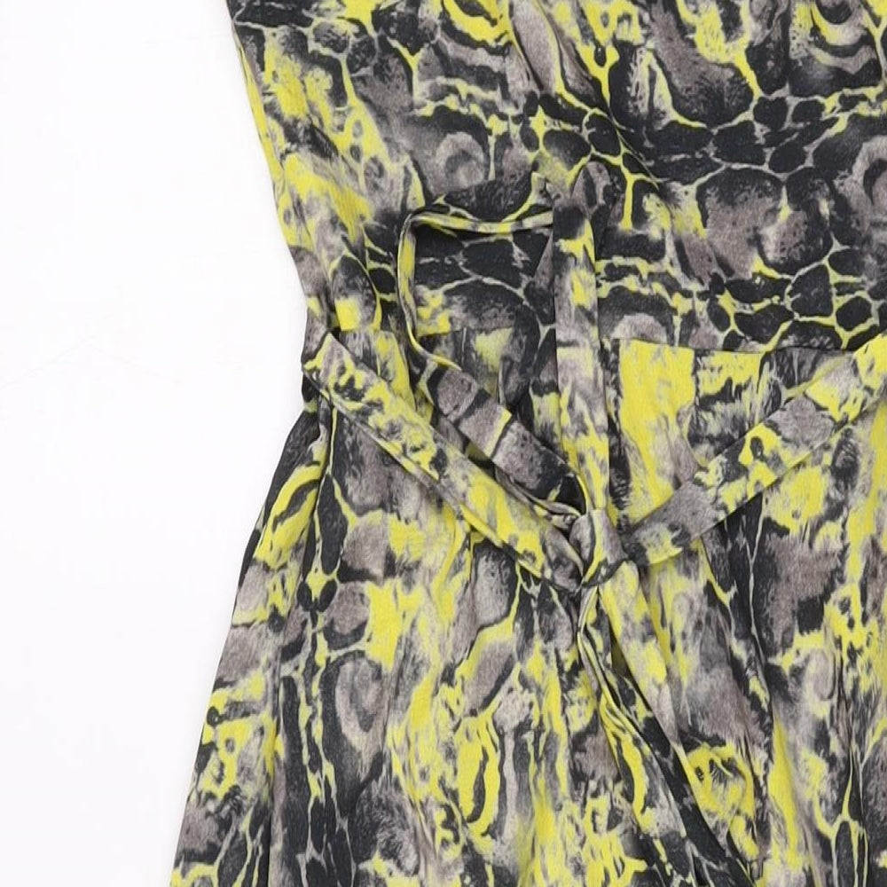 Libby Loves Womens Yellow Geometric Polyester Wrap Dress Size 10 V-Neck Tie