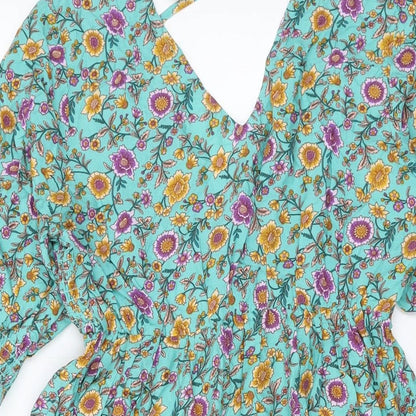 jjwm woman Womens Multicoloured Floral Cotton A-Line Size S V-Neck Tie